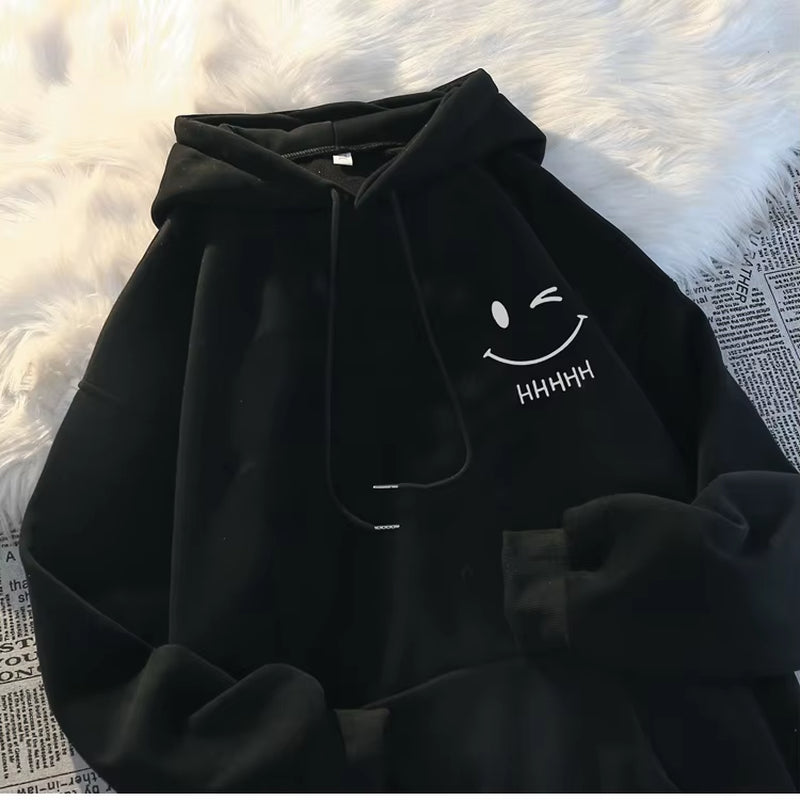 Women'S Smiling Face Funny Fashion Couple Hooded Sweater American Heavyweight Loose Thickened Cashmere Boys' Hoodie Pullover Top