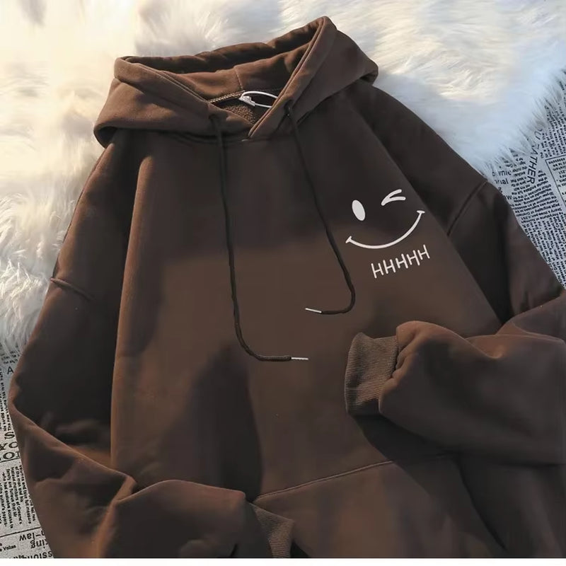 Women'S Smiling Face Funny Fashion Couple Hooded Sweater American Heavyweight Loose Thickened Cashmere Boys' Hoodie Pullover Top