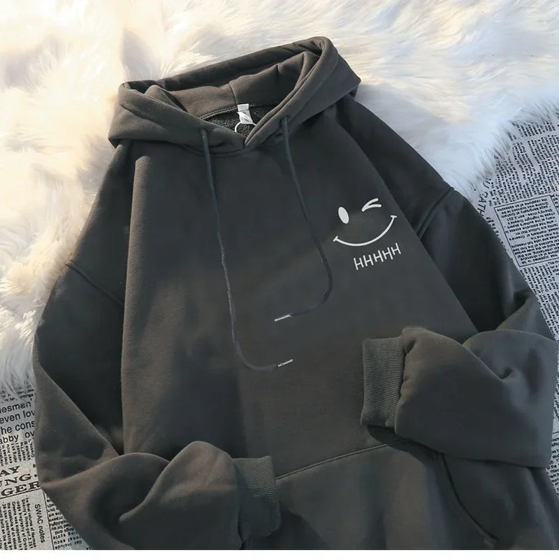 Men'S Smiling Face Funny Fashion Couple Hooded Sweater American Heavyweight Loose Thickened Cashmere Boys' Hoodie Pullover Top