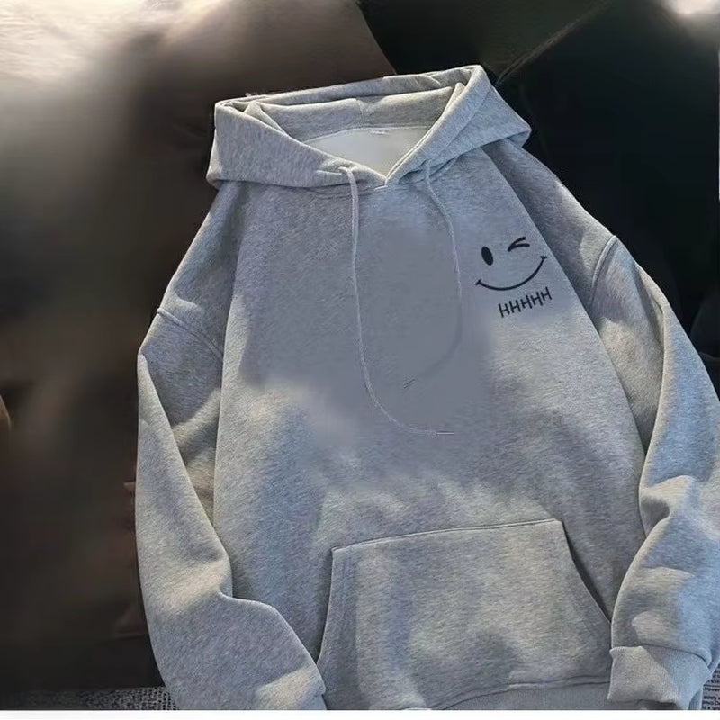 Women'S Smiling Face Funny Fashion Couple Hooded Sweater American Heavyweight Loose Thickened Cashmere Boys' Hoodie Pullover Top