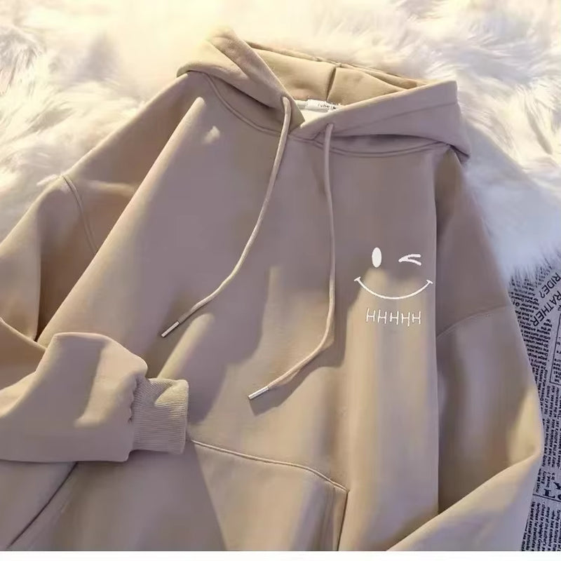 Men'S Smiling Face Funny Fashion Couple Hooded Sweater American Heavyweight Loose Thickened Cashmere Boys' Hoodie Pullover Top